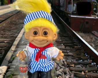 Vintage Troll Doll- 4" Russ Troll- Train Conductor- Yellow Hair