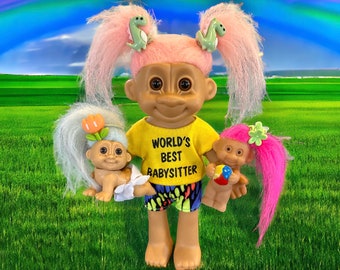 Vintage Troll Doll- Russ Tracey 7"- World's Best Babysitter with 2 Babies