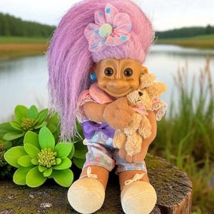 Vintage Troll Doll- 7" Plush and Soft Troll Doll- Girlie and Her Bunny Buddy