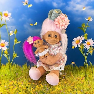 Vintage Troll Doll- 7" Plush and Soft Troll Doll- Mommy and Me- Graceful & Poised Mommy Troll Holding Baby