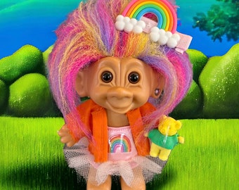 Vintage Troll Doll- 4" Bright of America Troll- Rainbow Diva with Matching Teddy Bear