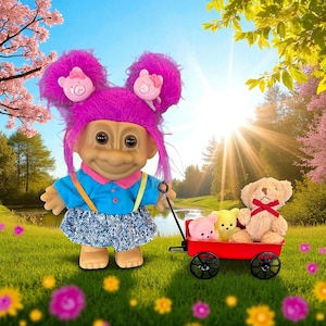 Vintage Troll Puppe - 4 &quot;&quot;Russ Troll&quot;&quot; - Süßes Schulmädchen mit Wagon von Teddybären.&quot;