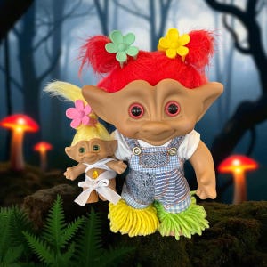 Vintage Troll Dolls- 7&quot; Ace Troll- Large Troll Doll- 7&quot; Height x 6&quot; Width & 3” Ace Troll Doll- “I Got You Babe”- Hippie Chick with Her Babe