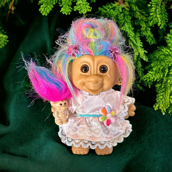 Vintage Troll Doll- 4" Bright of America Troll- Colorful Queen with Matching Baby Doll