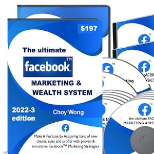 May include: A blue and white instructional set featuring a manual and multiple discs titled The Ultimate Facebook Marketing & Wealth System 2022-3 edition by Choy Wong, with text about acquiring clients, sales, and profits, plus a Complete HD Video Course label.