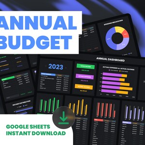 Annual Budget Spreadsheet | Dark mode Google Sheets Budget Template | Annual Budget Dashboard | Financial Planner