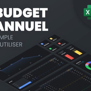 Peut inclure: Un écran gris foncé avec le texte "BUDGET ANNUEL SIMPLE À UTILISER" en blanc. L'écran affiche un graphique linéaire, un diagramme circulaire et plusieurs tableaux de données. L'écran est recouvert d'une icône Excel verte et blanche.