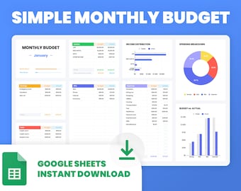 May include: A Google Sheets template for a simple monthly budget. The template includes sections for income, expenses, savings, and a budget vs. actual chart. The template is available for instant download.