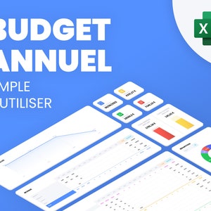 Peut inclure: Un graphique bleu et blanc avec le texte "BUDGET ANNUEL SIMPLE À UTILISER" et une icône Excel. Le graphique montre également un graphique linéaire, un tableau et un diagramme circulaire.