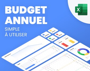 May include: A blue and white graphic with the text "BUDGET ANNUEL SIMPLE À UTILISER" and an Excel icon. The graphic also shows a line graph, a table, and a pie chart.