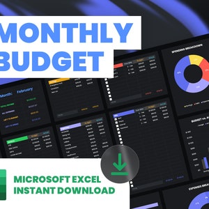 May include: A dark blue and gray computer screen displaying a monthly budget spreadsheet in Microsoft Excel. The spreadsheet includes a pie chart showing spending breakdown, a bar graph showing budget versus actual spending, and a table listing income and expenses. The text "MONTHLY BUDGET" is displayed in large, bold, blue letters at the top of the screen. The text "MICROSOFT EXCEL INSTANT DOWNLOAD" is displayed below the screen.
