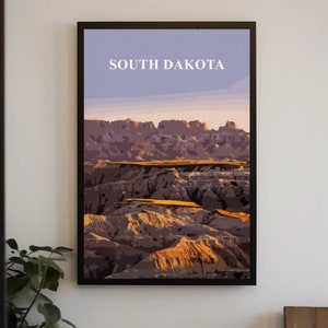 South Dakota Reiseplakat, Digitaldruck von Badlands und Custer State Park, lebendige Wandkunst für Reisebegeisterte, Abenteuerlustige Geschenk 