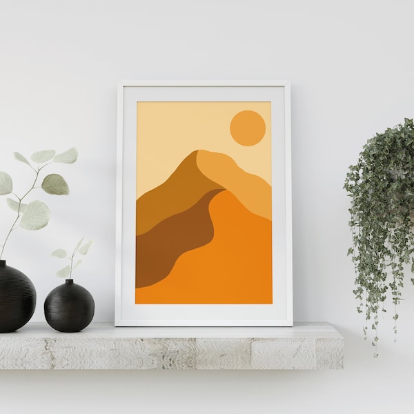 Wüste Sonnenuntergang Poster DRUCKBARE Mid Century Minimalist Orange Warm Neutral Boho Wand Kunst Berg Landschaft Nordic Wohnzimmer Dekor