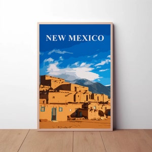 Digital Poster Of New Mexico, Vibrant Taos Pueblo-Albuquerque-Carlsbad Caverns Artwork, Southwest Desert Print Decor, Poster For Travel Fans