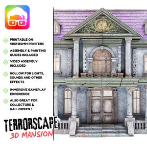 Può includere: Un modello stampato in 3D di una villa grigia e viola con un grande ingresso a doppia porta. Il modello è progettato per l'uso con giochi da tavolo e include istruzioni di montaggio e tutorial video. Il testo "TERRORSCAPE 3D MANSION" è stampato nella parte inferiore dell'immagine.