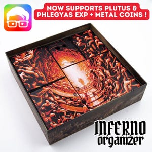 Organizador del juego de mesa Inferno, con exposición de Plutus y Phlegyas y monedas de metal (por @ammedia3d)
