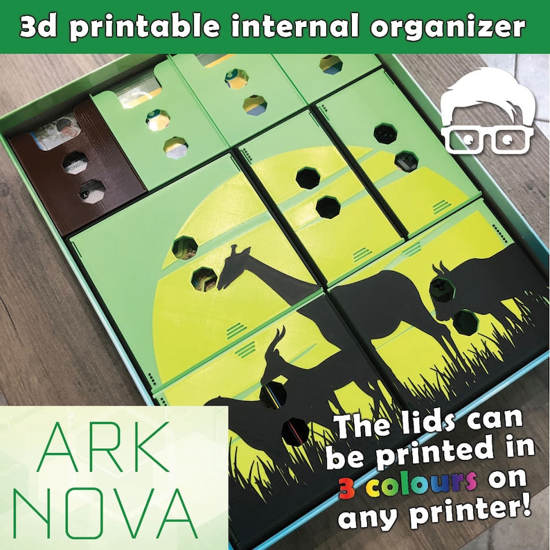 May include: 3D printable internal organizer for the board game Ark Nova. The organizer includes compartments for cards, tokens, and other game components. The lids can be printed in three colors on any printer.
