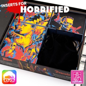 Può includere: Un organizzatore di inserti per il gioco da tavolo "Horrified". L'inserto è realizzato in plastica nera e ha scomparti per le carte, i gettoni e gli altri componenti del gioco. L'inserto include anche una borsa di velluto nero per riporre le miniature del gioco.