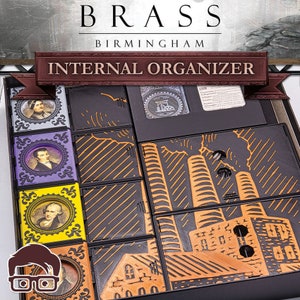 Puede incluir: Organizador interno para el juego de mesa Brass: Birmingham. El organizador cuenta con compartimentos para los componentes del juego, incluidas las cartas, las fichas y los tableros de los jugadores. El organizador está hecho de cartón negro y marrón con un diseño de fábrica.