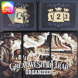 May include: A wooden box with a black and blue design. The box has a label that says "Great Western Trail Organizer". The box has a picture of a cowboy on a horse and a mountain range in the background.