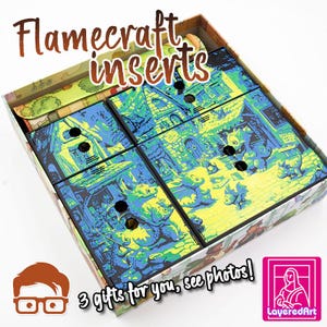 May include: A set of four colorful game inserts for the board game "Flamecraft". The inserts are made of cardboard and feature illustrations of a fantasy town with buildings and characters. The text "Flamecraft inserts" is written in white on a brown background at the top of the image.