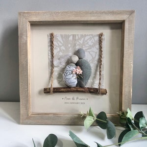 Personalised wedding gift frame. Mr & Mrs, Bride and Groom on swing. Pebble picture art. Home decor