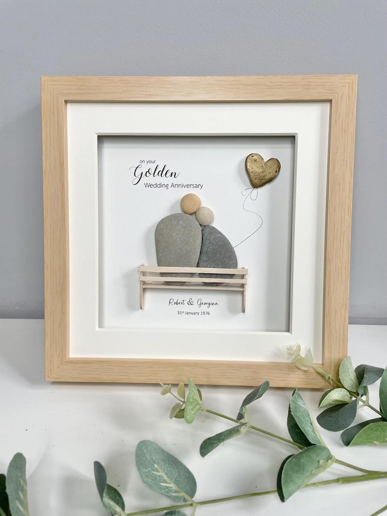 Personalised Golden Wedding Anniversary Gift | 50 years married | Pebble Picture | Pebble Art | Framed gift | Photo frame | Home decor image 2