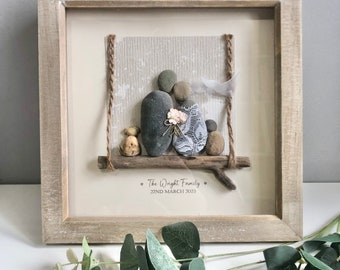 Personalised wedding gift frame. Family on swing, Mr & Mrs, Bride Groom. Pebble Art