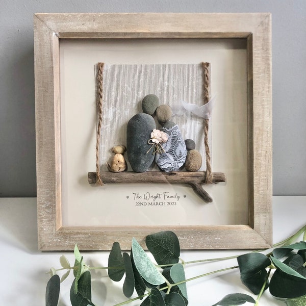 Personalised wedding gift frame. Family on swing, Mr & Mrs, Bride Groom. Pebble Art