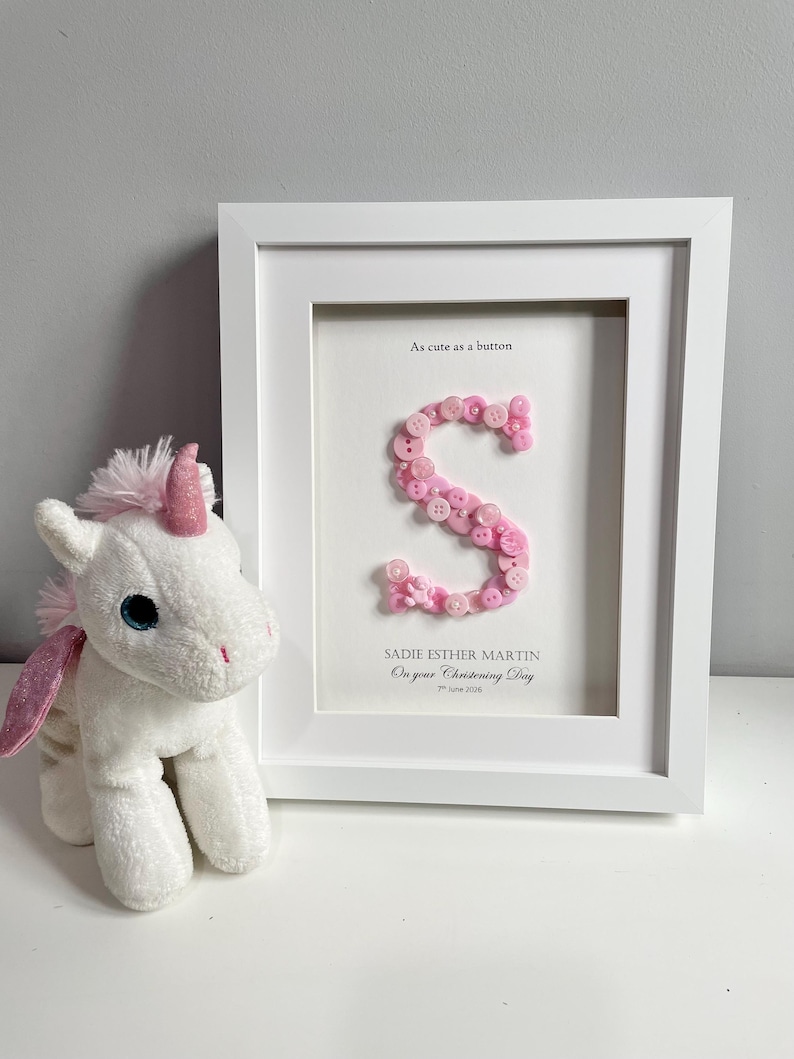 Personalised Christening Gift | Baptism Gift | Naming Day Gift | Dedication Day Gift | Baby Girl Gift | Button Art | Initial Frame | PINK image 7