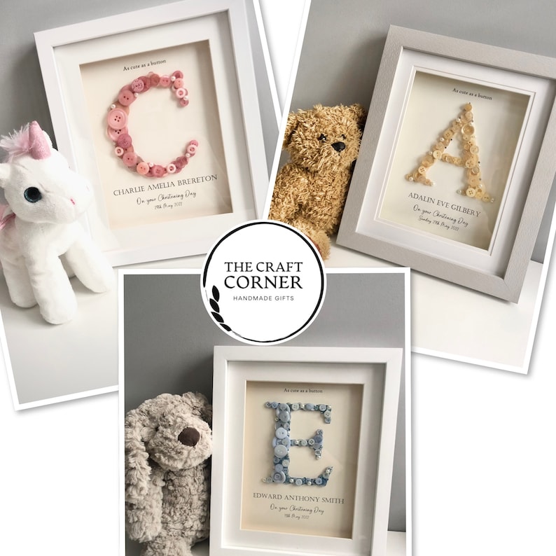 Personalised Christening Gift | Baptism Gift | Naming Day Gift | Dedication Day Gift | Baby Girl Gift | Button Art | Initial Frame | PINK image 10