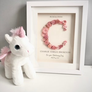 Personalised Christening Gift | Baptism Gift |  Naming Day Gift | Dedication Day Gift | Baby Girl Gift | Button Art | Initial Frame | PINK