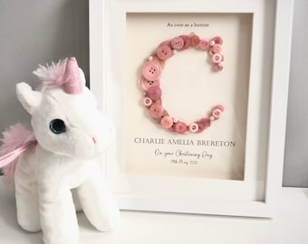 Personalised Christening, Baptism, Naming Day, Baby Girl Gift, Button Art, Initial Frame PINK