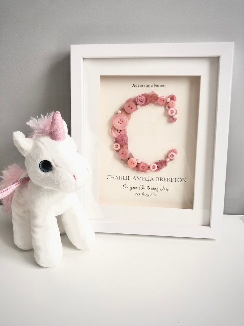 Personalised Christening Gift | Baptism Gift | Naming Day Gift | Dedication Day Gift | Baby Girl Gift | Button Art | Initial Frame | PINK image 1