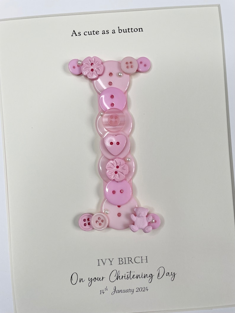 Personalised Christening Gift | Baptism Gift | Naming Day Gift | Dedication Day Gift | Baby Girl Gift | Button Art | Initial Frame | PINK image 8