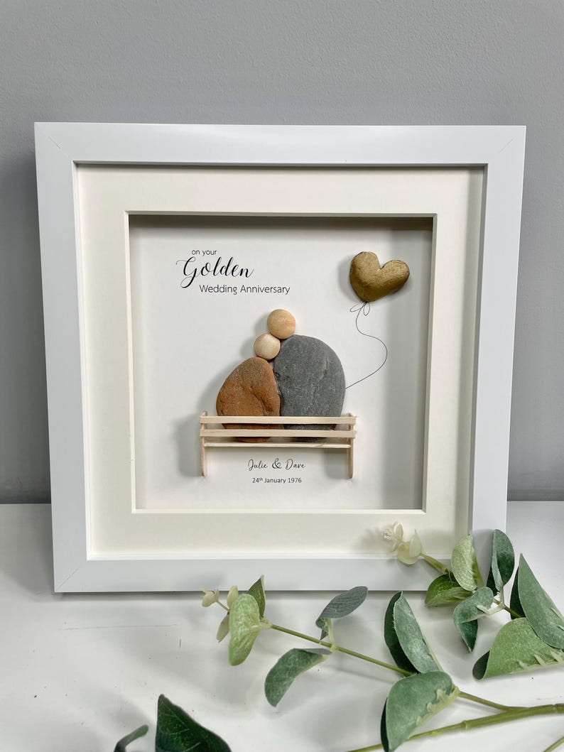 Personalised Golden Wedding Anniversary Gift | 50 years married | Pebble Picture | Pebble Art | Framed gift | Photo frame | Home decor image 3