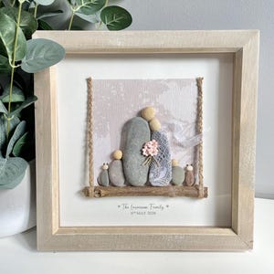 Personalised wedding gift frame. Family on swing, Mr & Mrs, Bride Groom. Pebble Art