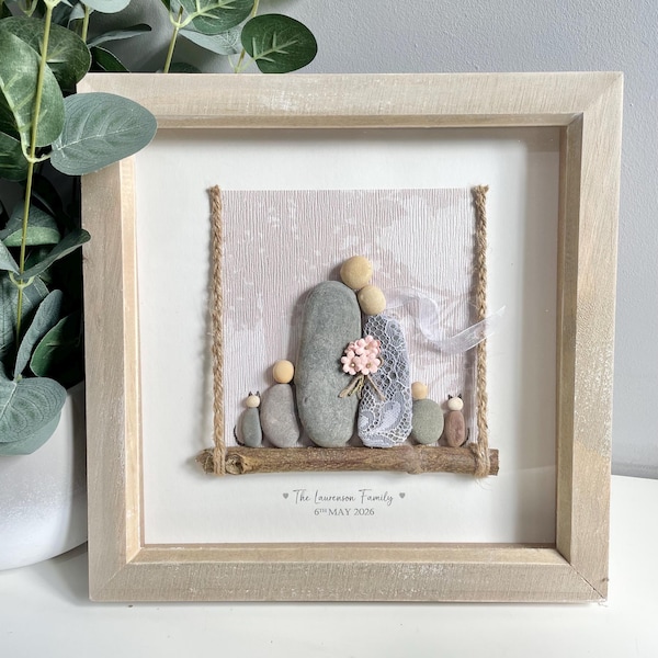 Personalised wedding gift frame. Family on swing, Mr & Mrs, Bride Groom. Pebble Art