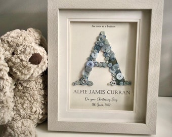 Personalised Christening, Baptism, Naming Day, Baby Boy Gift, Button Art, Initial frame BLUE