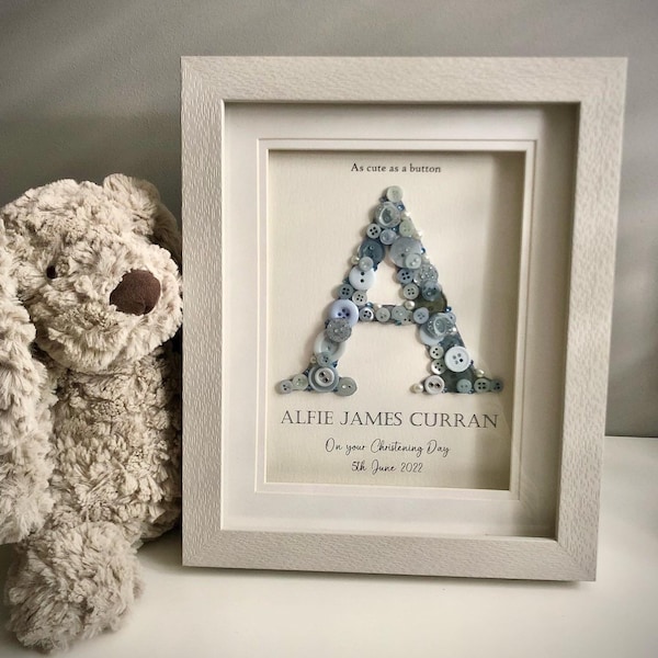 Personalised Christening, Baptism, Naming Day, Baby Boy Gift, Button Art, Initial frame BLUE