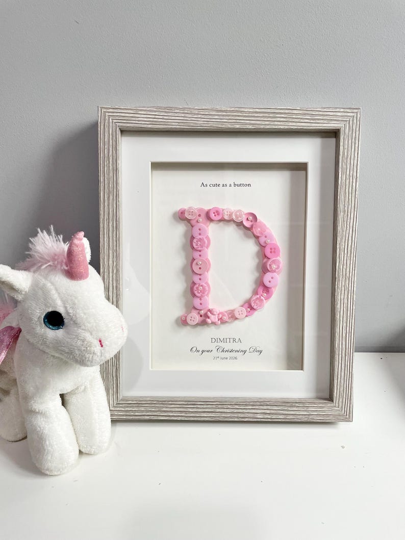 Personalised Christening Gift | Baptism Gift | Naming Day Gift | Dedication Day Gift | Baby Girl Gift | Button Art | Initial Frame | PINK image 3