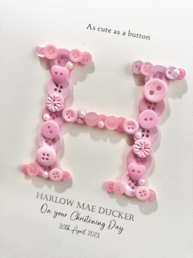 Personalised Christening Gift | Baptism Gift | Naming Day Gift | Dedication Day Gift | Baby Girl Gift | Button Art | Initial Frame | PINK image 4