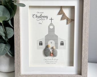 Personalised Christening Gift | Baptism Gift | Naming Day Gift | Pebble Art | Pebble picture | Photo frame | Church
