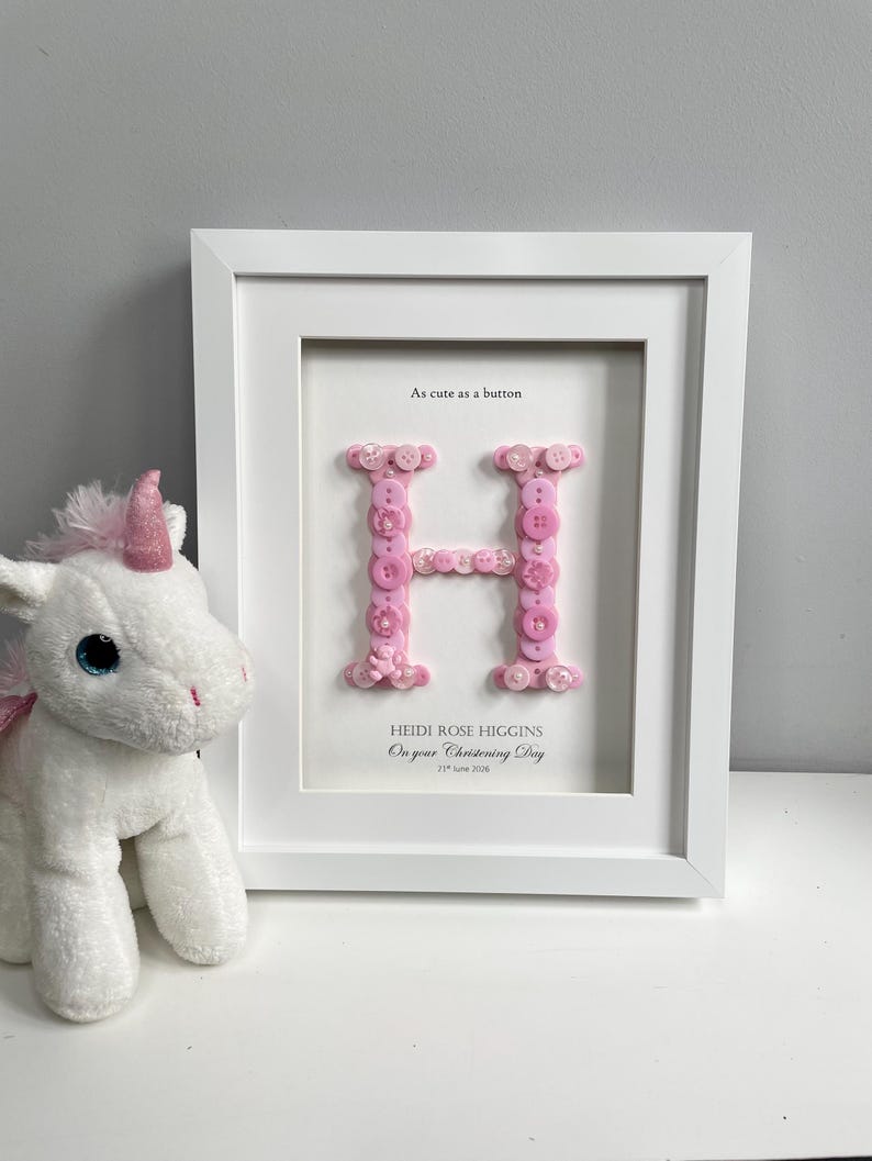 Personalised Christening Gift | Baptism Gift | Naming Day Gift | Dedication Day Gift | Baby Girl Gift | Button Art | Initial Frame | PINK image 9