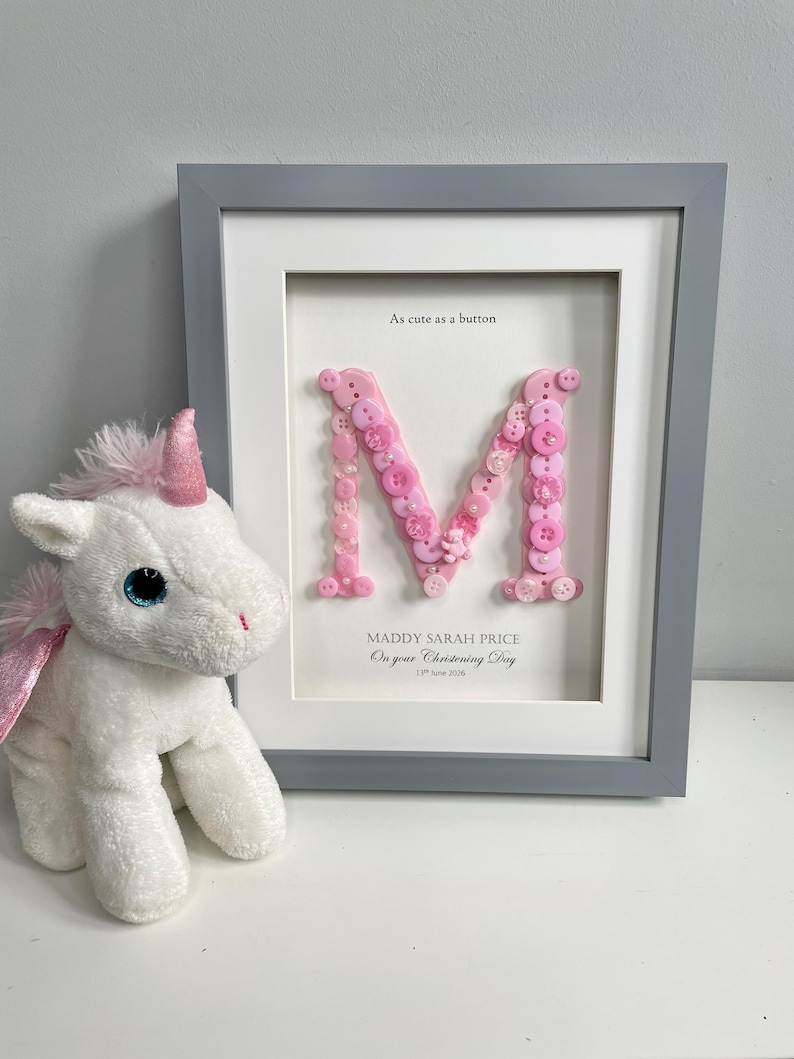 Personalised Christening Gift | Baptism Gift | Naming Day Gift | Dedication Day Gift | Baby Girl Gift | Button Art | Initial Frame | PINK image 6