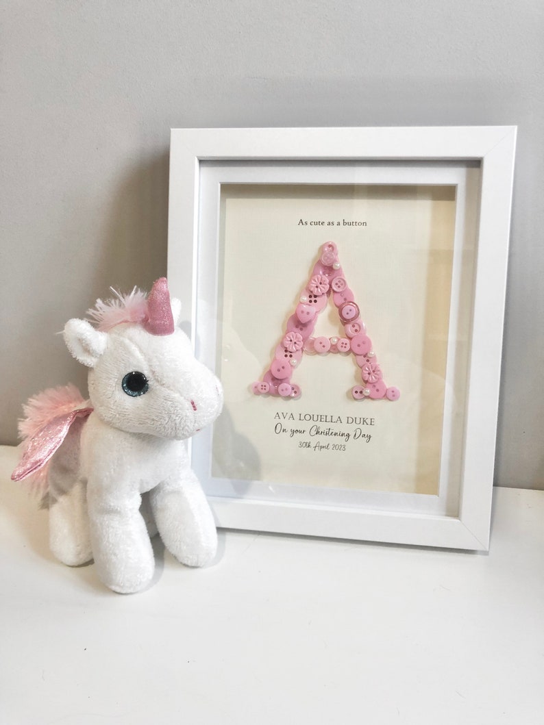 Personalised Christening Gift | Baptism Gift | Naming Day Gift | Dedication Day Gift | Baby Girl Gift | Button Art | Initial Frame | PINK image 5