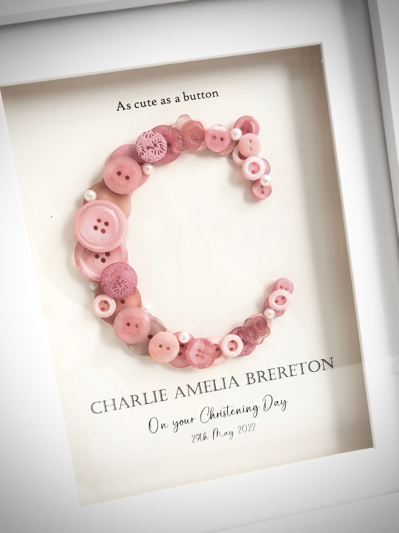 Personalised Christening Gift | Baptism Gift | Naming Day Gift | Dedication Day Gift | Baby Girl Gift | Button Art | Initial Frame | PINK image 2