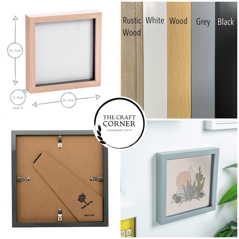 May include: A square picture frame with a 22.5 cm by 22.5 cm opening and a 3.5 cm depth. The frame is available in rustic wood, white wood, grey, and black. The frame is made by The Craft Corner, Handmade Gifts.