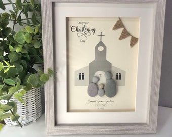 Personalised Christening, Baptism, Naming Day Gift, Pebble Art, Pebble picture, Pebble Family. Framed gift