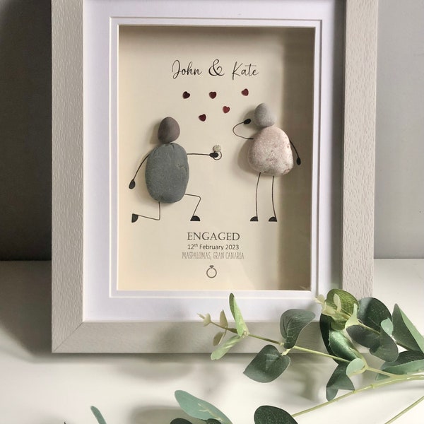 Personalised Engagement gift. Wedding proposal Pebble picture. Framed gift. Home decor